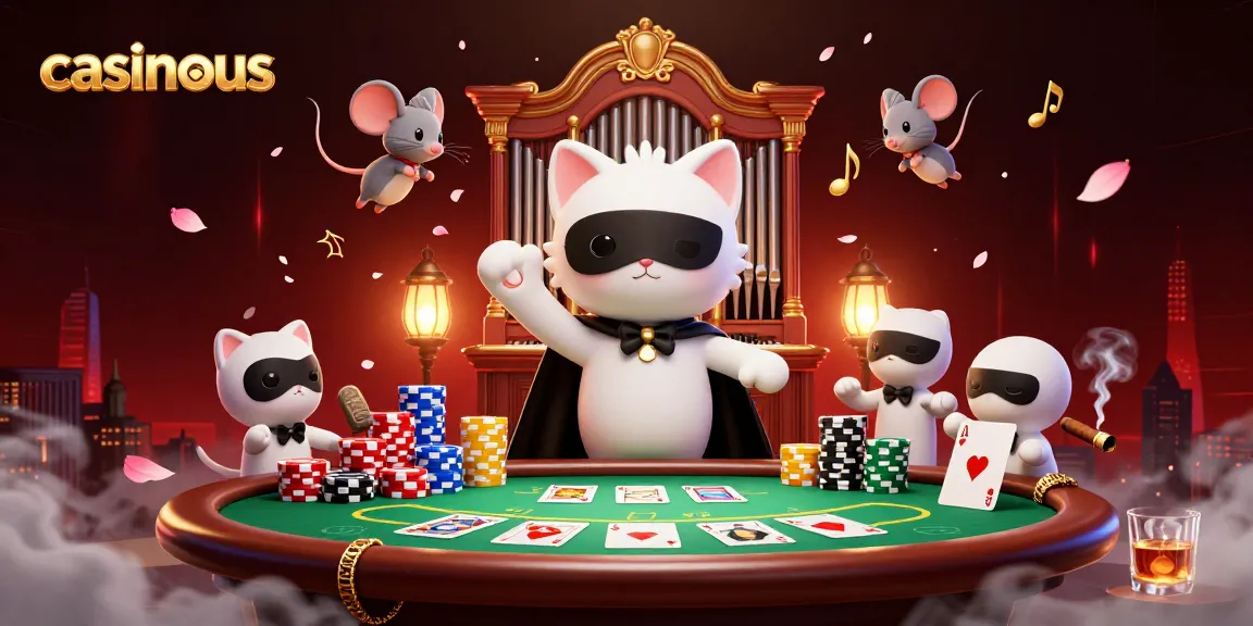 Casinous offers thrilling online craps action with a phantom cat at a casino organ, surrounded by poker excitement.
