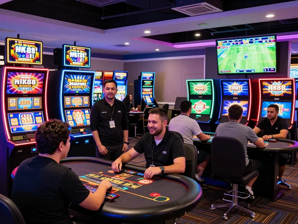NK88 dynamic online gaming experience with players at casino tables and interactive sports betting screens