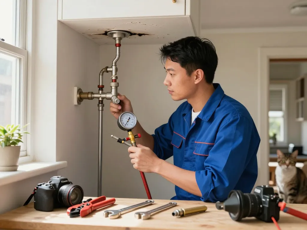 Plumber inspecting residential water system with tools, emphasizing professionalism and urgent service.