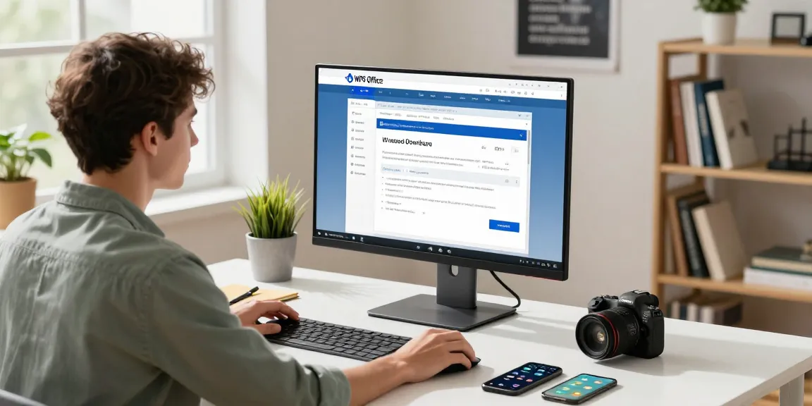 Download WPS Office seamlessly on a modern home office desk with tech tools and productivity elements in a bright setting.