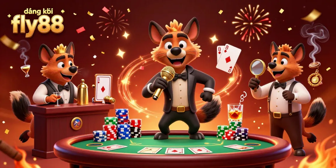 Visualize the excitement of đăng ký fly88 as hyenas entertain in a vibrant 3D casino scene bursting with energy.