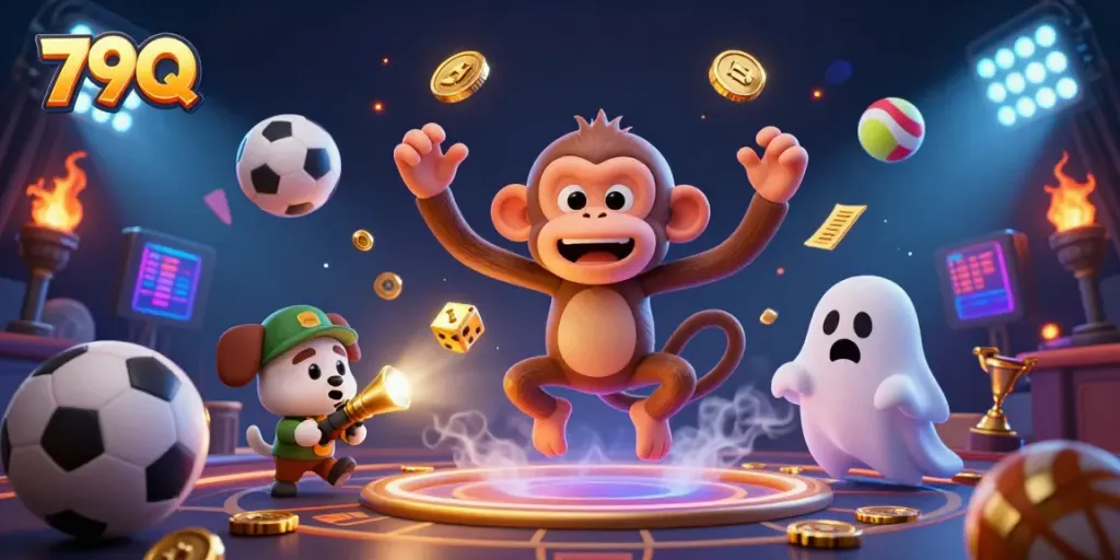Engage with thrilling 79Q gaming experiences as golden elements soar in a vibrant casino backdrop.