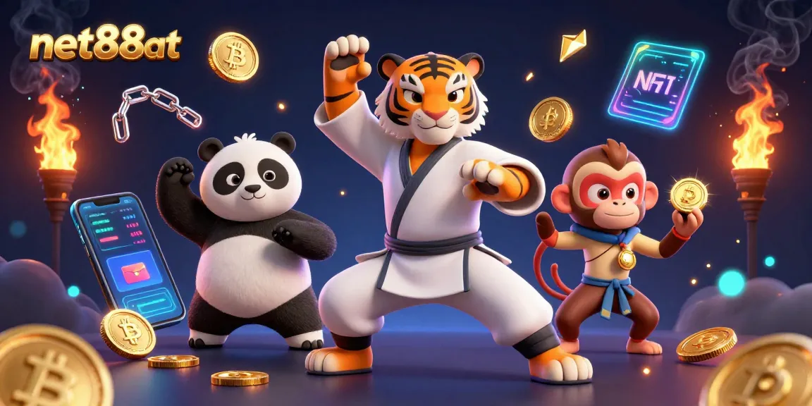 Experience the excitement of net88at as a kung fu tiger celebrates gaming triumph surrounded by vibrant cryptocurrency elements.