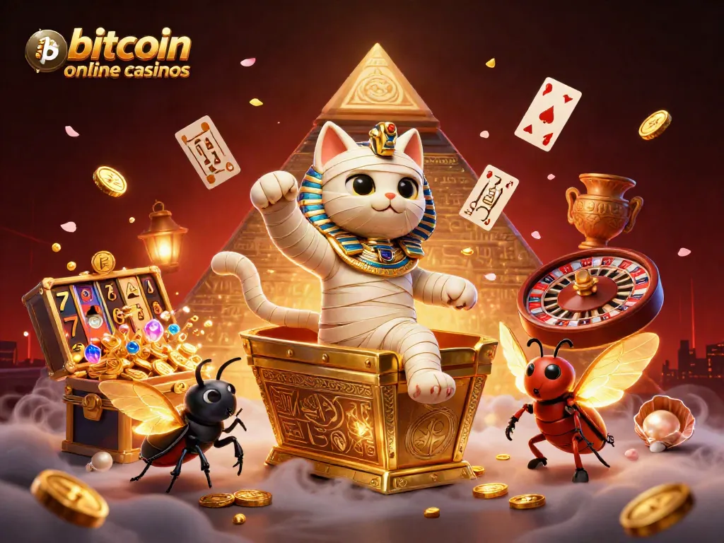 Experience the excitement of bitcoin online casinos with a lively scene of a mummy cat and treasures.