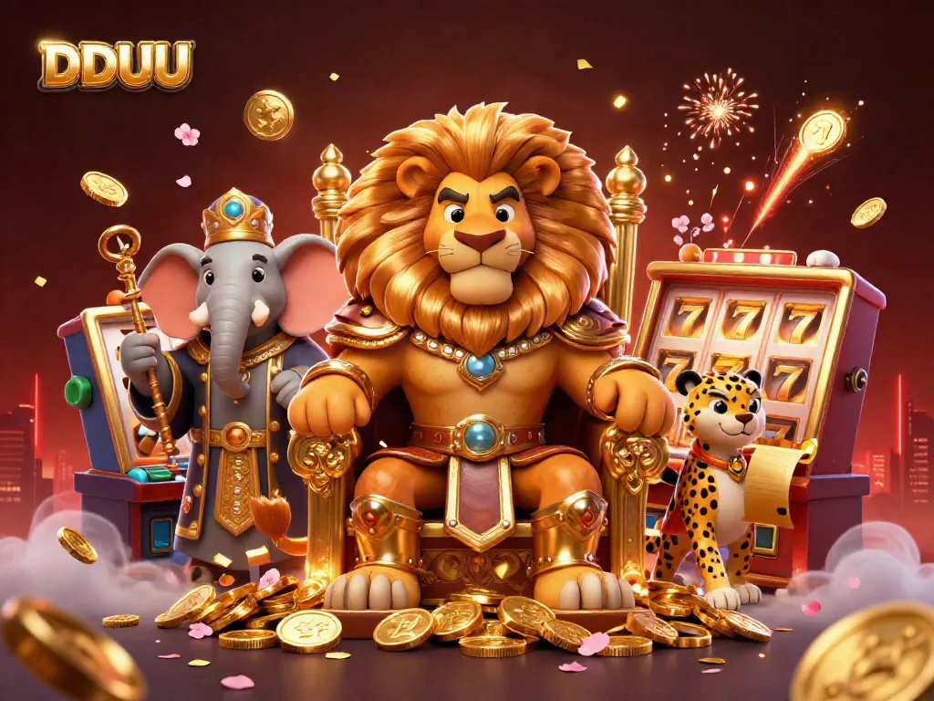 Experience DDUU with a fierce lion king, royal symbols, and dazzling casino elements.