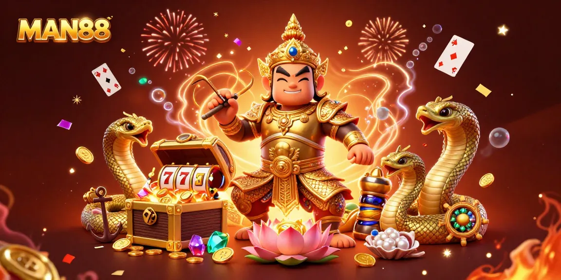 Engage with MAN88’s vibrant casino world featuring gold coins, explosions of gems, and exotic characters.