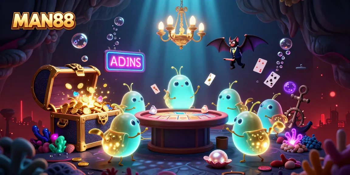 Experience the thrill of MAN88 with glowworms lighting a cave casino, creating a vibrant gaming scene.
