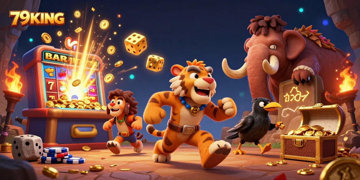 79KING players enjoy thrilling slot jackpots and dynamic casino games in this vibrant illustration.