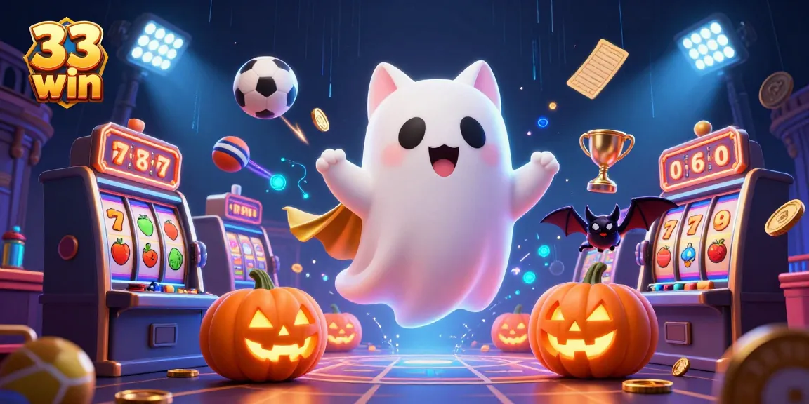 Engage in thrilling gameplay at 33 win with a haunted casino scene featuring a ghost cat.