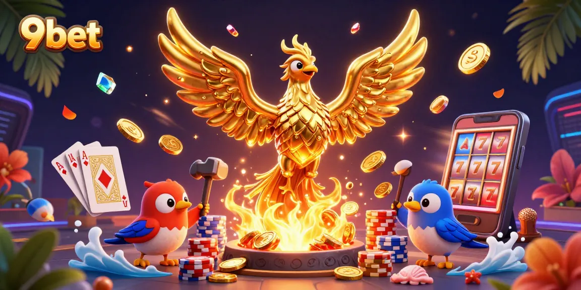 Engage with 9bet's vivid games featuring a molten golden phoenix and dynamic casino elements.