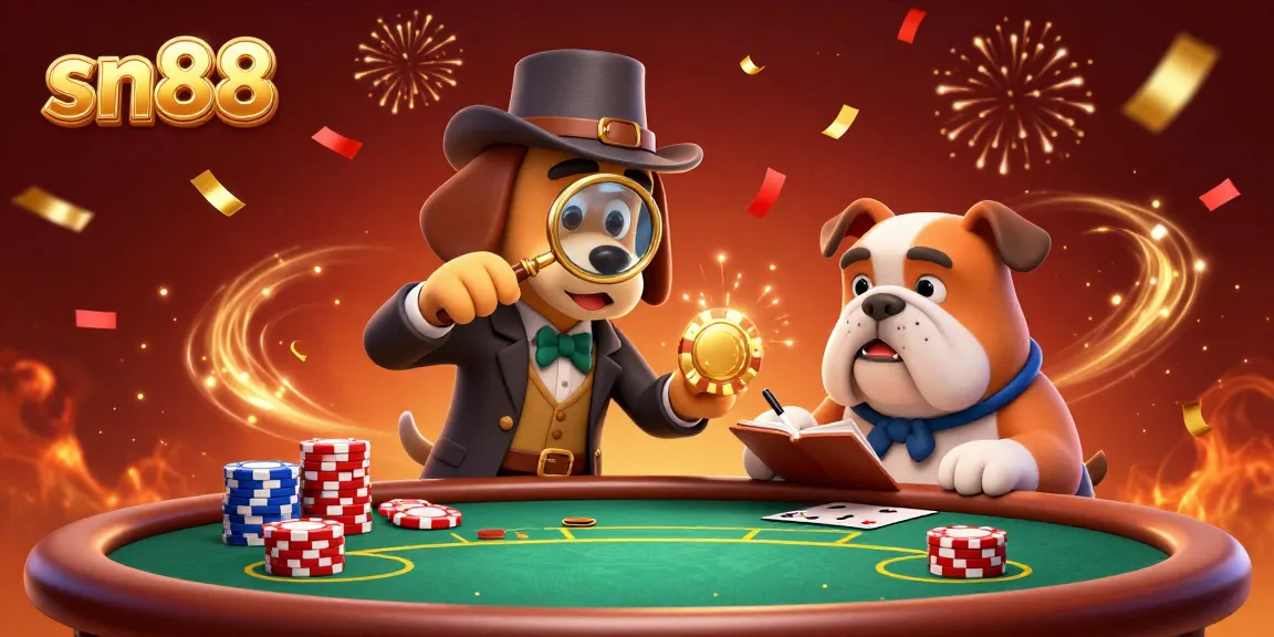 Experience sn88's thrilling poker action in a dynamic casino scene with a cartoon detective and vibrant elements.