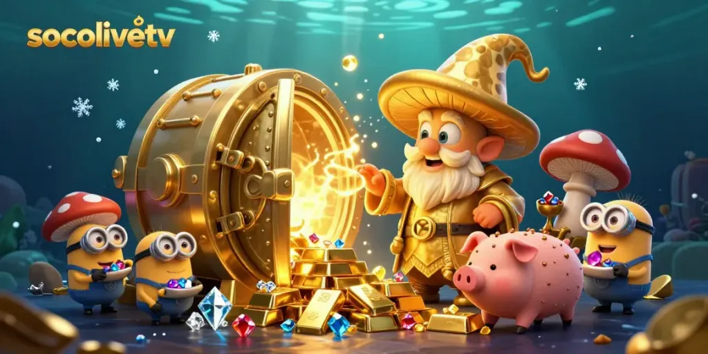 Experience the magic of socolivetv with a golden mushroom wizard and treasure in a vibrant casino scene.
