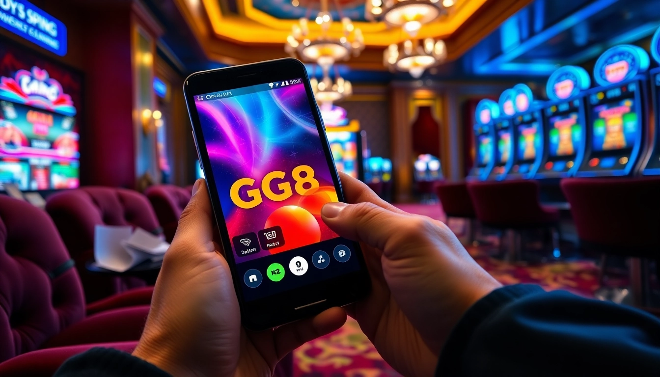 Experience the thrill of online gaming with the GG88 APK app interface displayed amidst a luxurious casino backdrop.