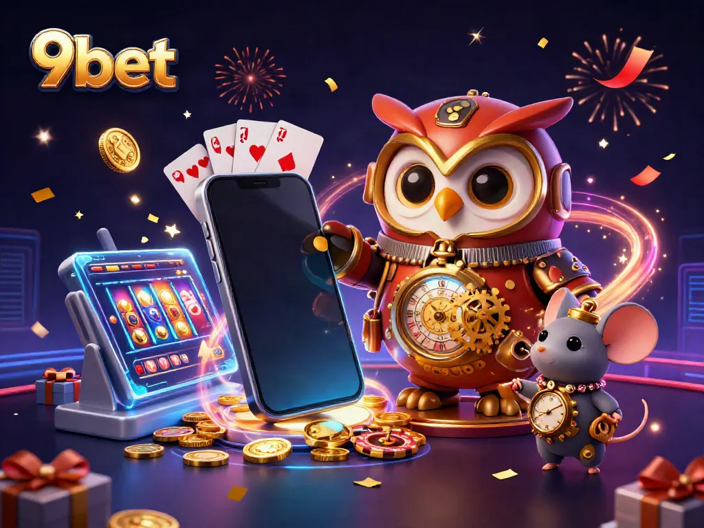 Spin big at 9bet with an ultra-detailed steampunk owl and vibrant casino elements!