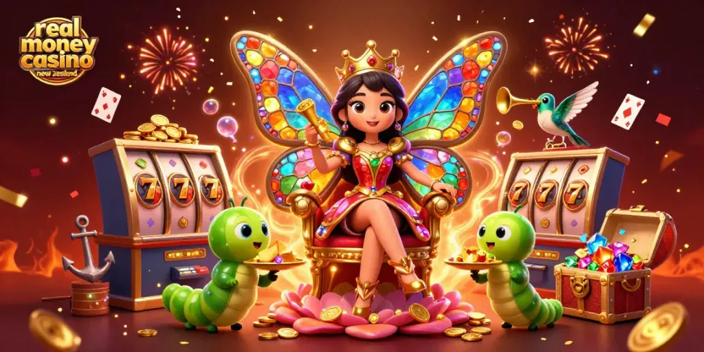Experience the thrill of winning at a real money casino in New Zealand with vibrant 3D elements.