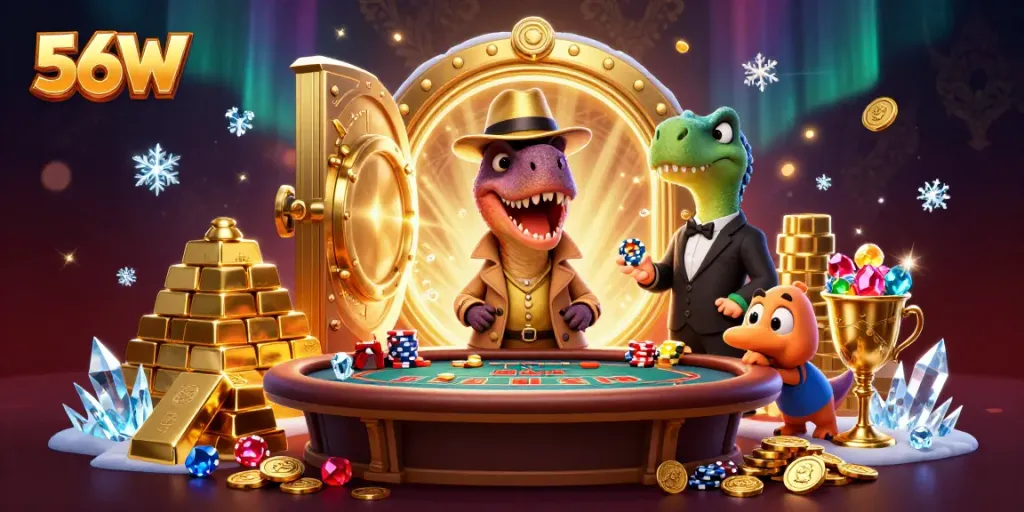 56W velociraptor card counter discreetly bets at a blackjack table amid treasure.