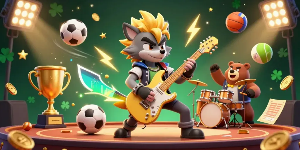 Witness the excitement of mines casino gameplay with a cartoon wolf rocking on stage surrounded by betting elements and characters.