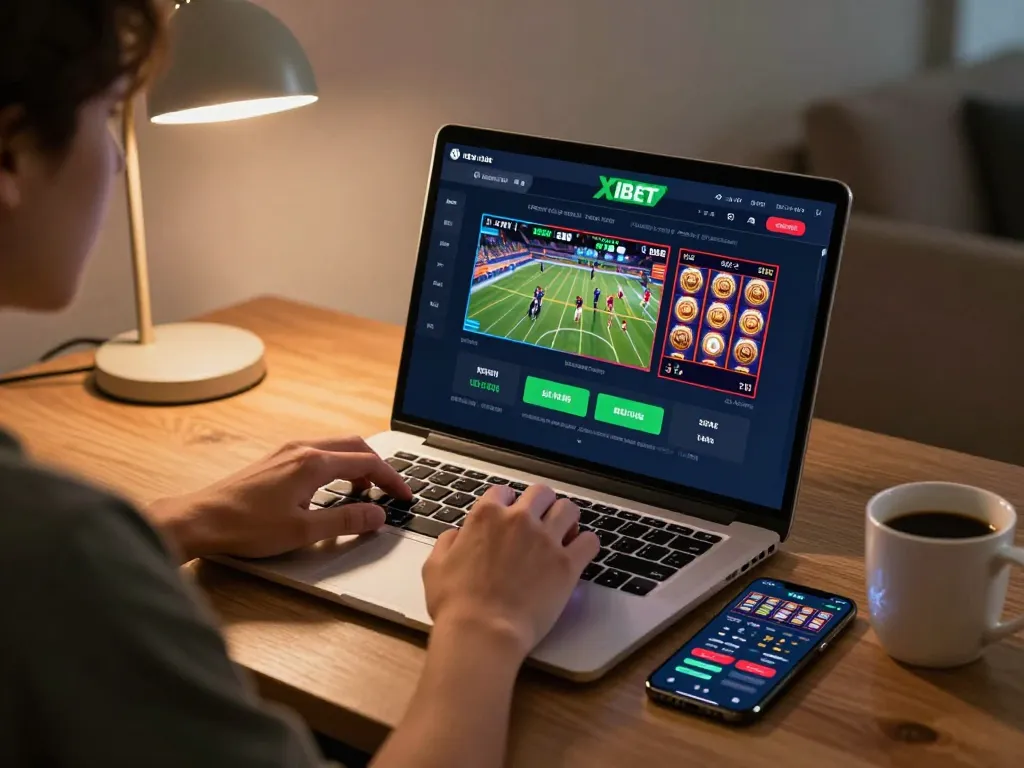 Engaged user betting on nhà cái XIBET at home, showcasing online gaming setup.