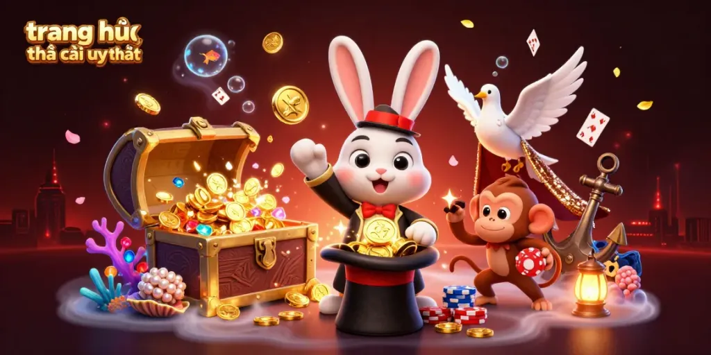 Enchanting scene showcasing "trang chủ nhà cái uy tín" with a magician rabbit, shimmering coins, and vibrant casino elements.