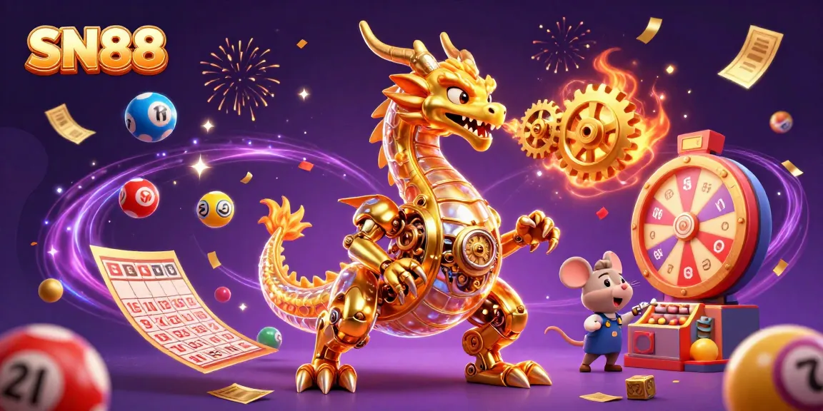 Bet big with SN88's dynamic gaming experience featuring a golden dragon, lottery, and casino elements.
