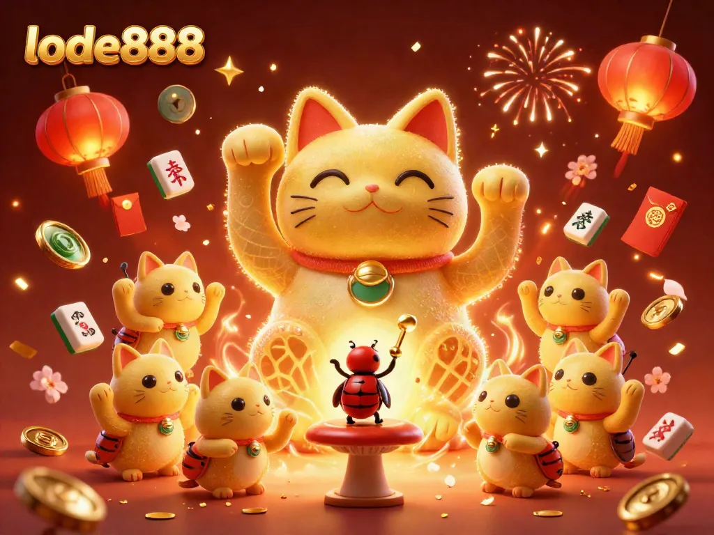 Experience the excitement of lode888 with a vibrant illustration featuring casino symbols and a lucky cat.