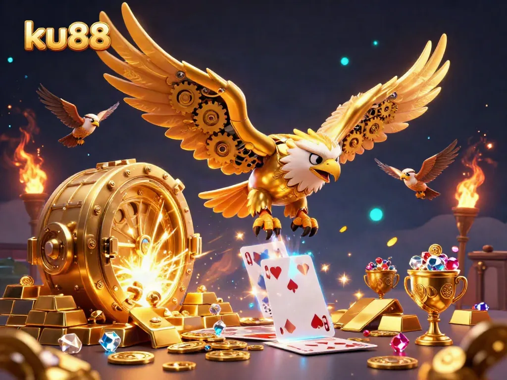 Engage with the thrilling world of ku88 casino, featuring a cybernetic golden eagle soaring amidst holographic cards and treasures.
