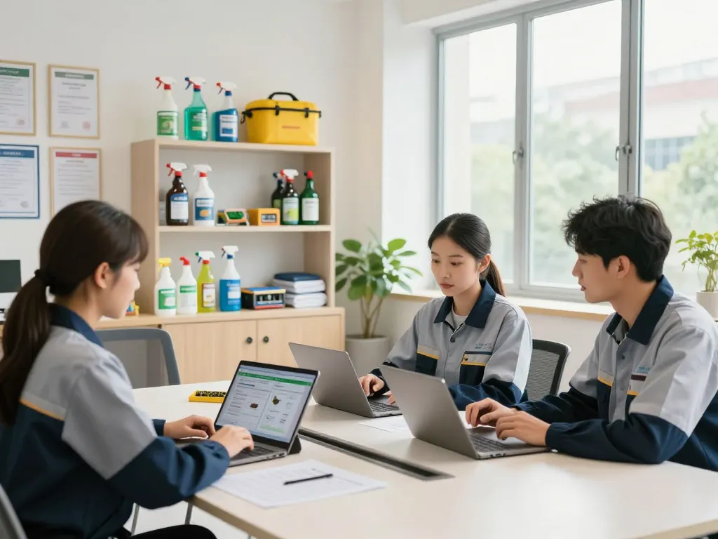 Dedetizadora professionals discussing pest management strategies in a bright office setting, showcasing tools and products.