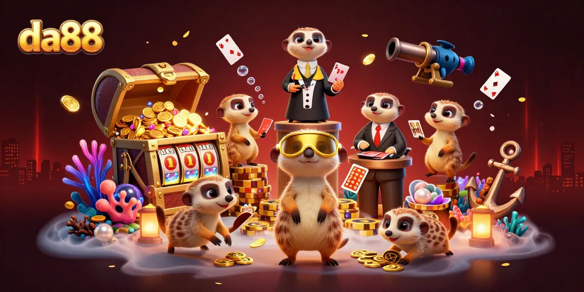Play exciting slots at da88 with meerkat dealers in a vibrant casino scene.