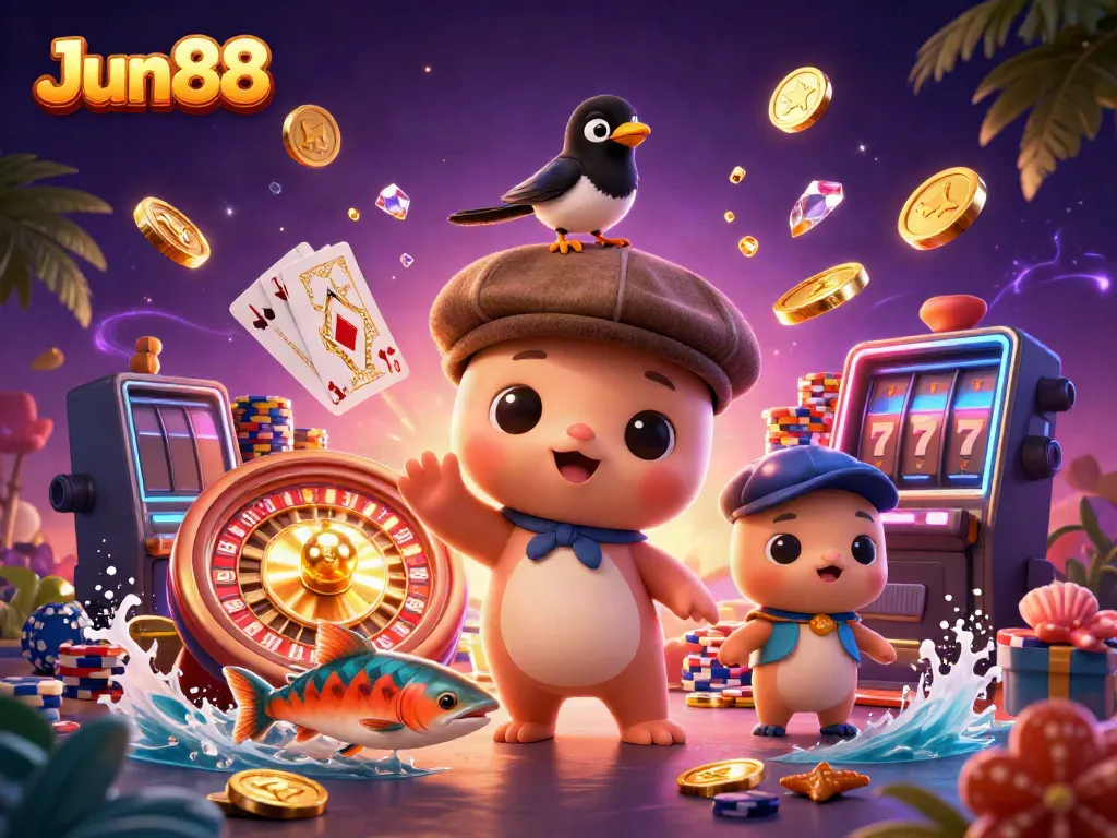 Experience the vibrant world of Jun88 with playful characters and abundant gambling elements.