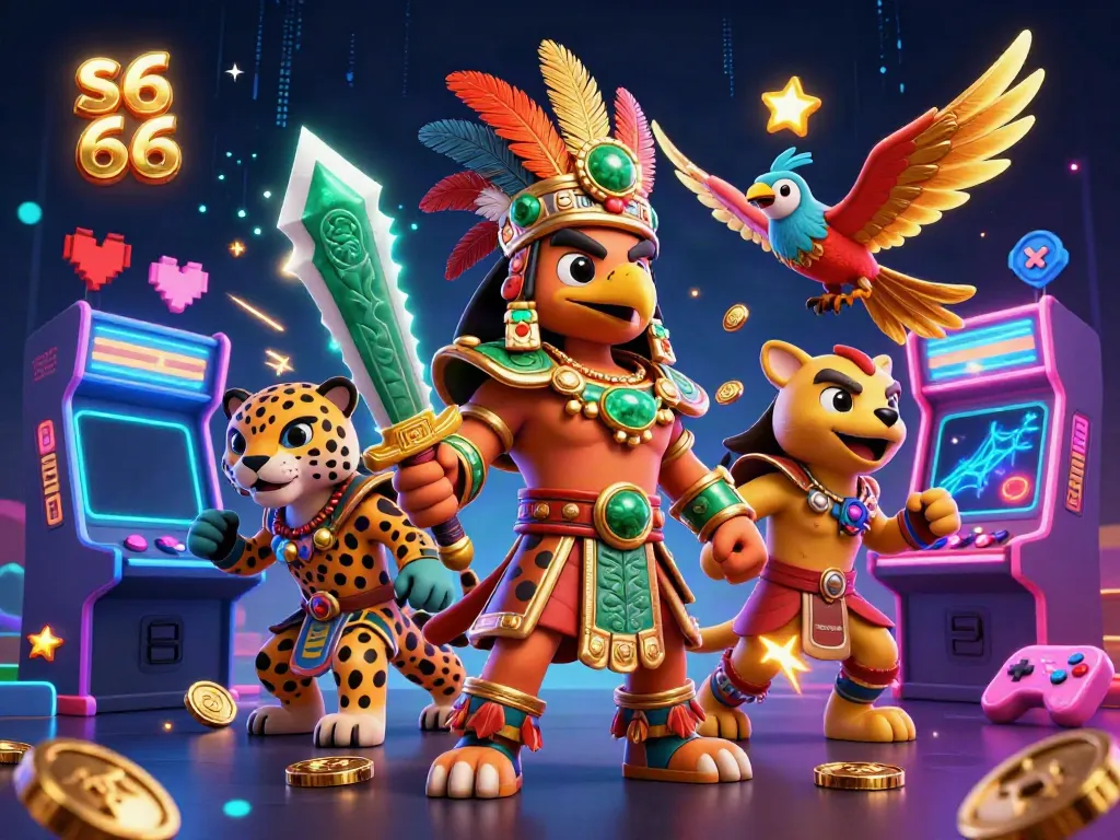 Engage in thrilling gaming at s6 66 with a vibrant 3D Aztec warrior scene filled with casino excitement.