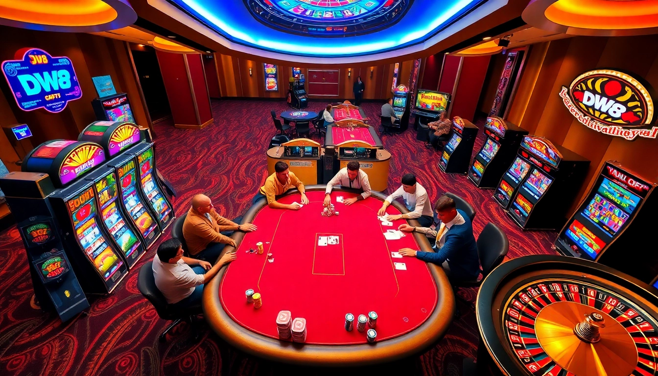 Players enjoy a thrilling poker game at DW8's luxurious casino, surrounded by vibrant slot machines.