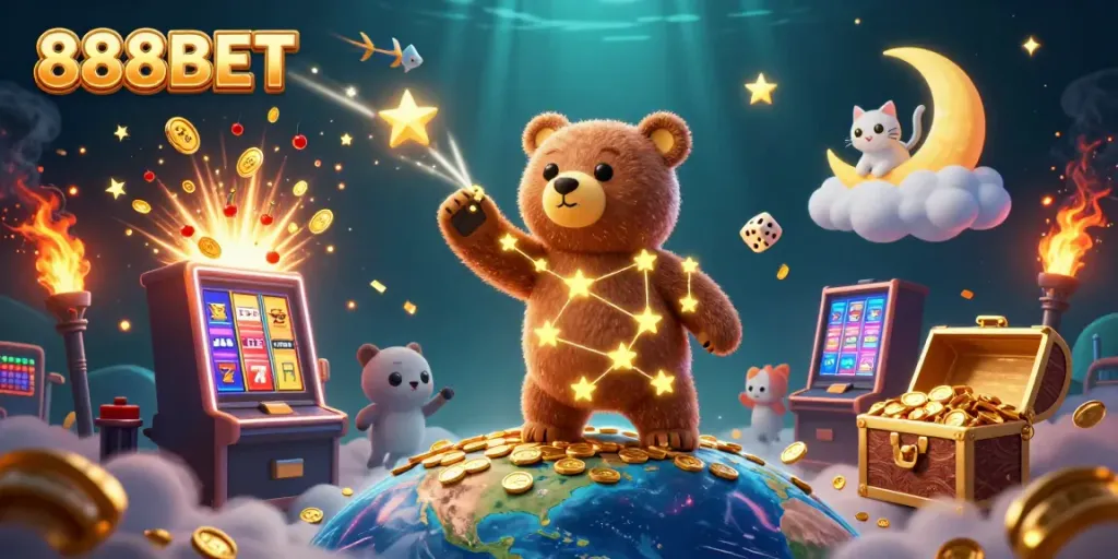Engage with 888BET's universe of thrilling wins and vibrant gaming action illustrated through a magical scene.