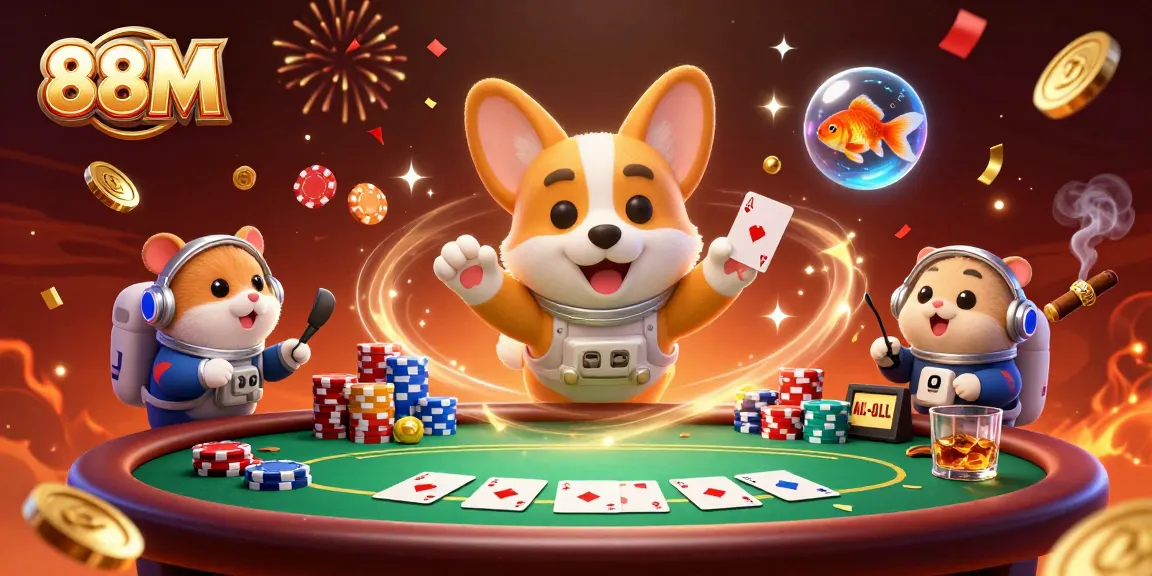 Experience thrilling moments in 88M casino with floating poker chips and gold coins in a vibrant 3D space setting