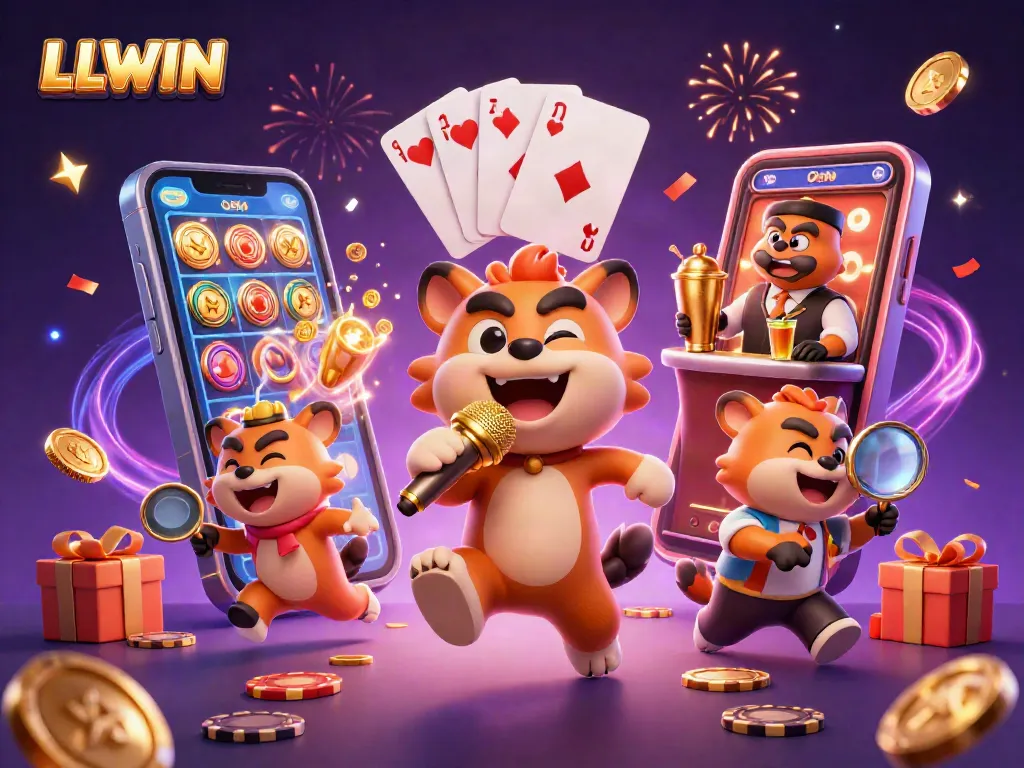 LLWIN hyena casino club scene with comedian, bartender, and bouncer in action.
