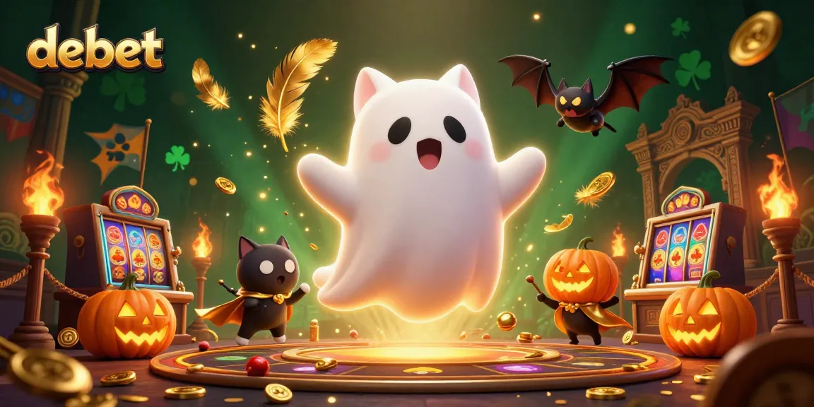 Experience the excitement at debet with a spirited ghost cat in a vibrant casino scene
