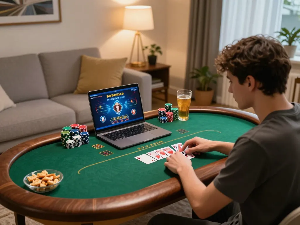 Engaged user plays poker on jogoluck with chips and cards on screen in cozy home setting.