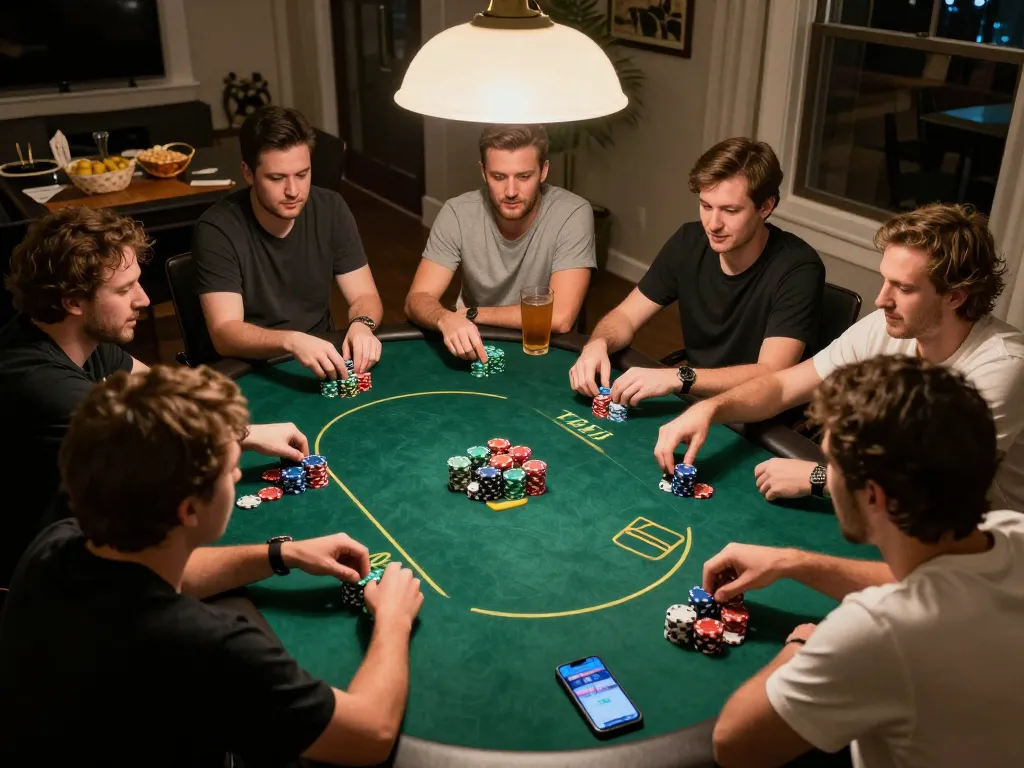 Players engaging in a game bài đổi thưởng strategy during an intense home poker night.