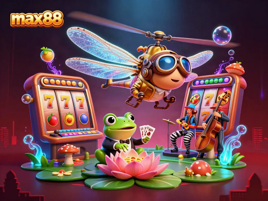 max88 players win big at the lively lily pad casino with vibrant slot reels, cards, and musicians
