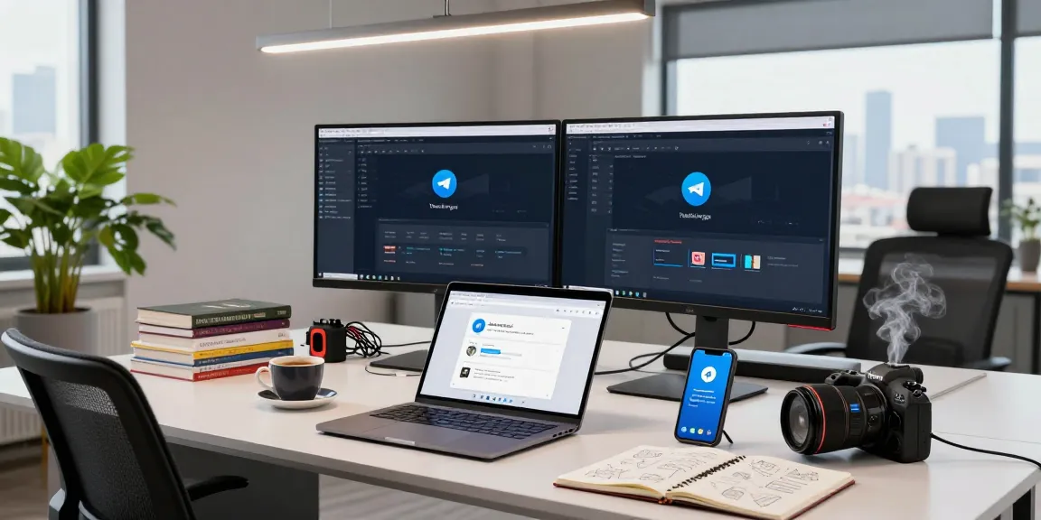 Developer using Telegram download options on multiple screens in a bright workspace.