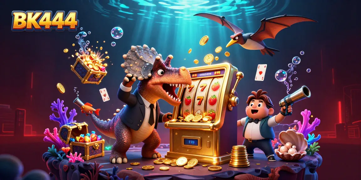 BK444 players celebrate hitting jackpots in a vibrant casino scene with unique dinosaur characters.