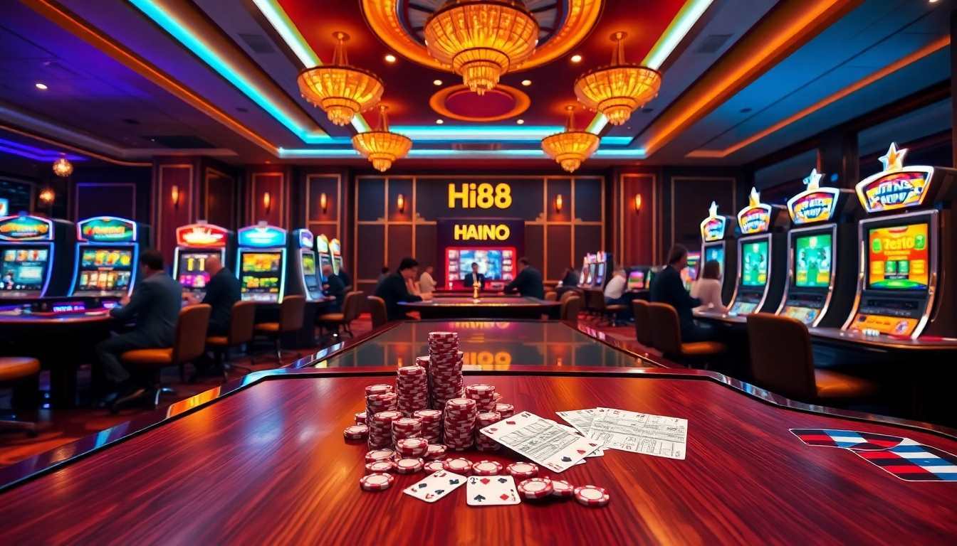 Hi88 gaming action with players at modern casino tables and colorful slot machines.