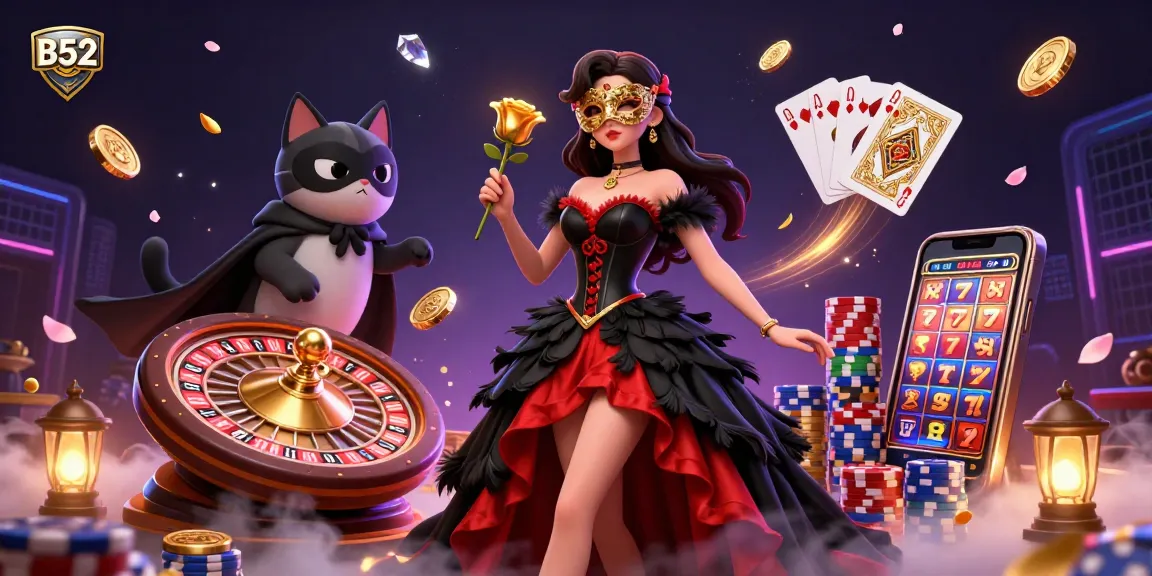 B52 casino experience with a stunning woman in a black and red gown surrounded by vibrant gameplay elements.