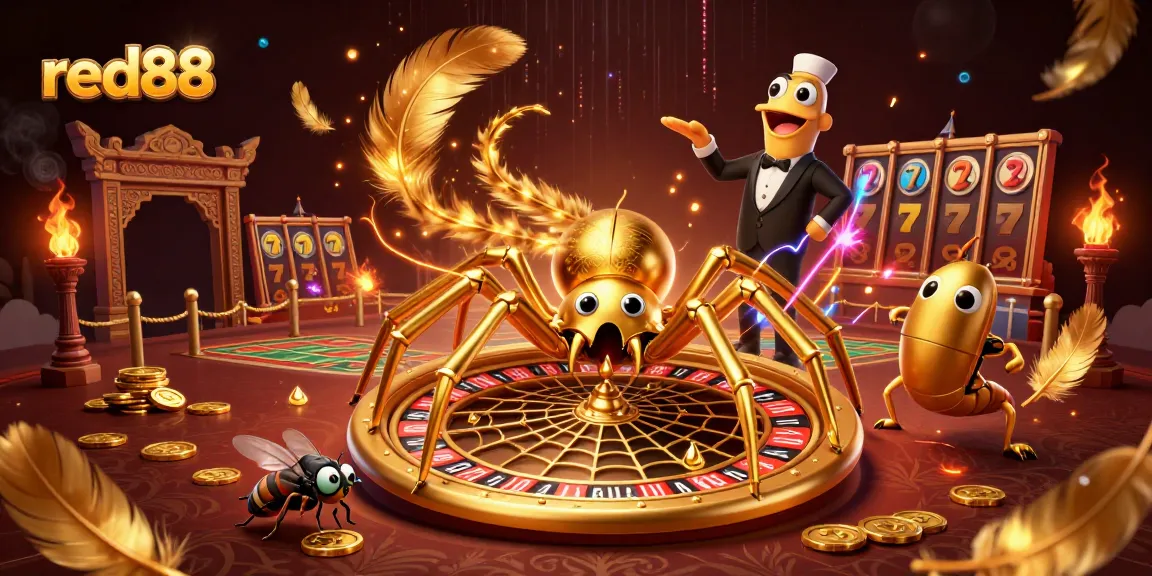 Engage with red88's exciting gaming world, featuring a golden spider and centipede croupier.