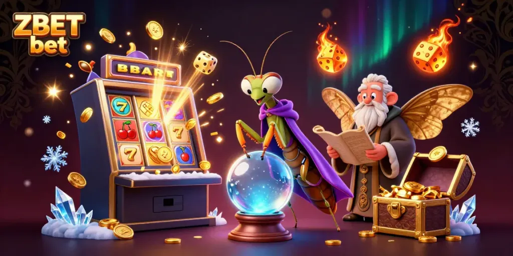 Experience thrilling moments with ZBET bet, where a praying mantis fortune teller and moth librarian unveil enchanting casino secrets.