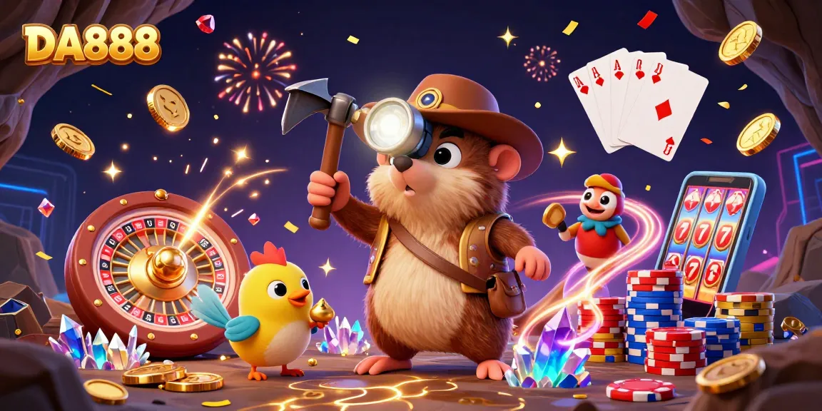 Experience the excitement of DA888 with a vibrant 3D casino scene featuring treasure, coins, and games.
