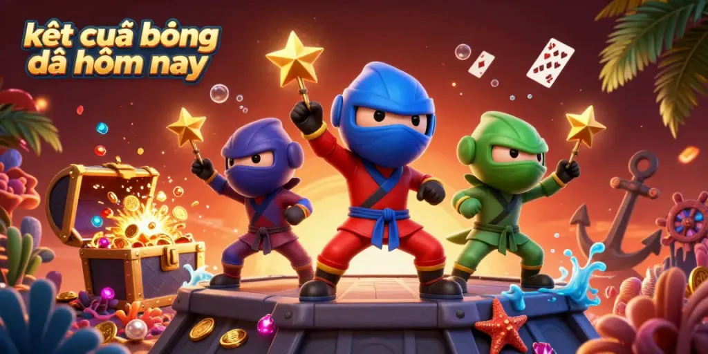Experience kết quả bóng đá hôm nay through a vibrant illustration of chameleon ninjas and casino elements.