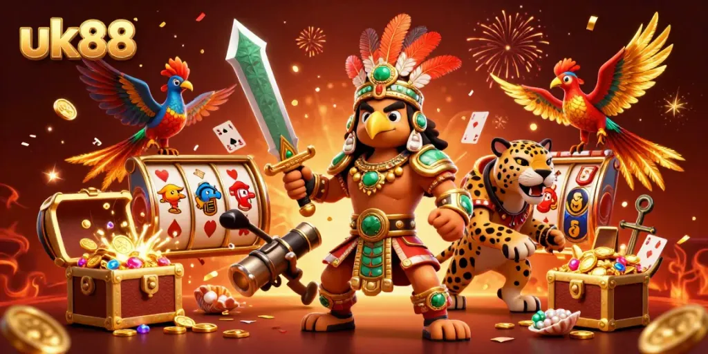 Experience dynamic casino thrills with the uk88 brand artwork featuring vibrant characters, jackpots, and a lively gambling atmosphere.