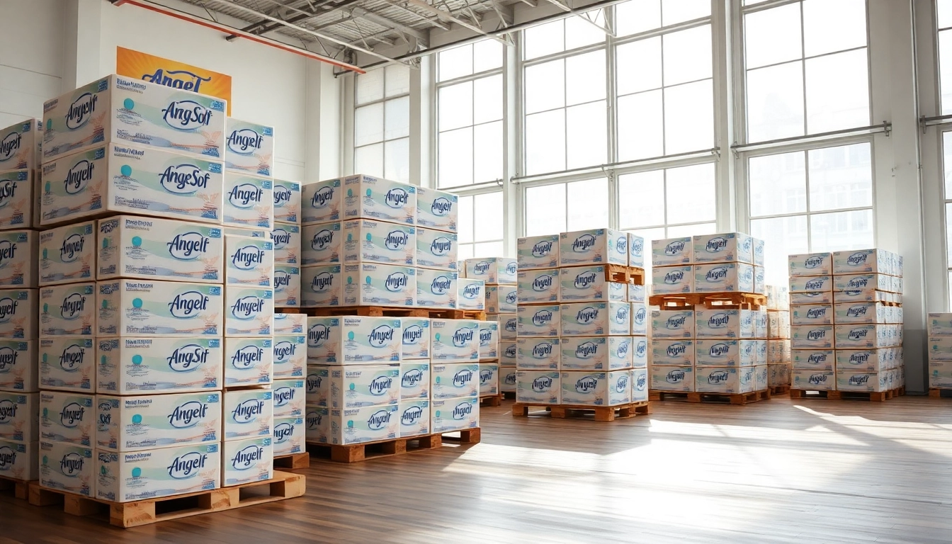 Showcasing Angel Soft Toilet Paper Pallets stacked in a bright warehouse environment.
