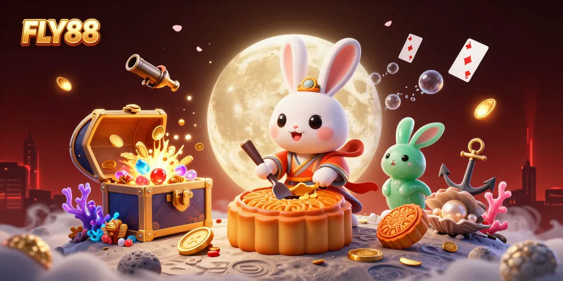Experience FLY88's captivating casino adventure with a moon rabbit, poker chips, and vibrant gaming elements.