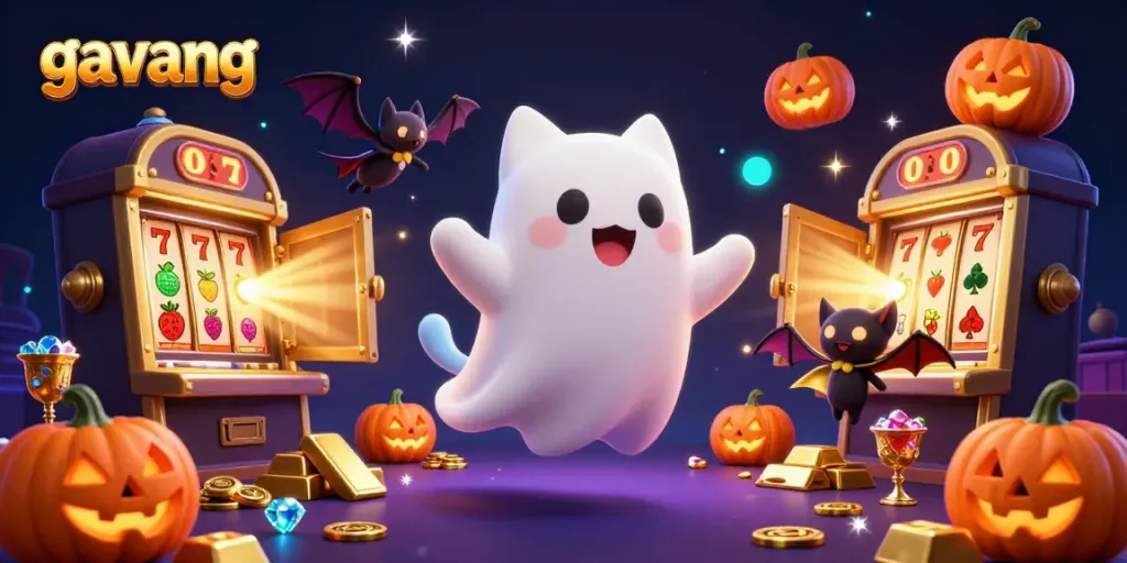 Experience thrills with the ghost cat and bat at Gavang casino, surrounded by jackpot treasures in a vibrant haunted scene.